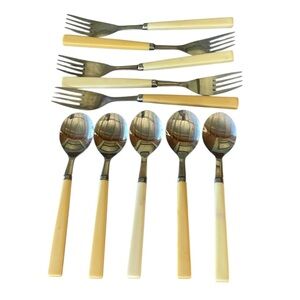 Vintage Taiwan Cream Handle Flatware Set - 5 Spoons + 5 Forks Stainless Steel